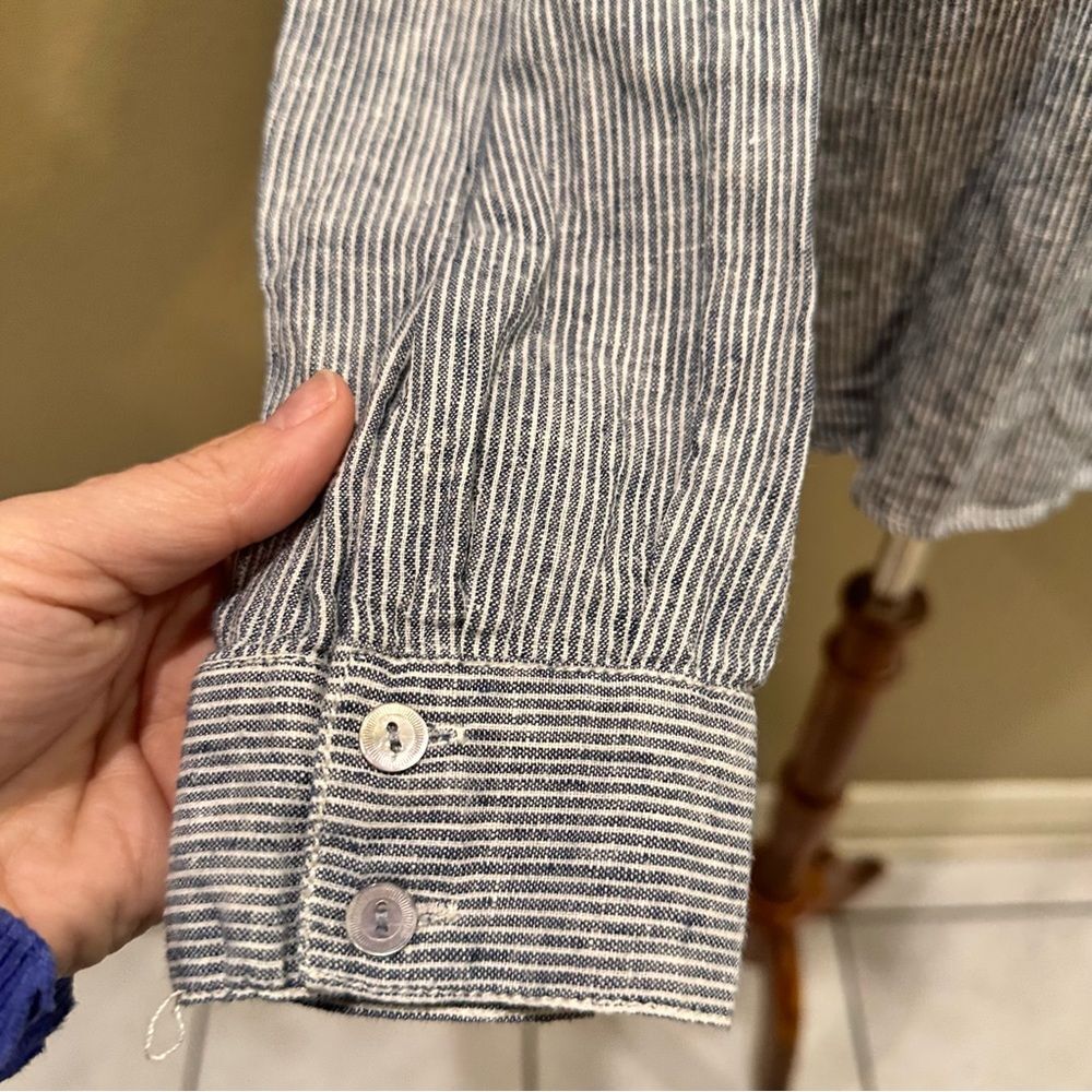 Button-Up Shirt Eileen Fisher Navy Striped Organic Cotton Hemp Mandarin Collar - Picture 9 of 15